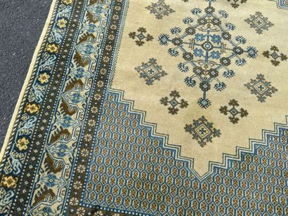 Hand-knotted wool rug featuring stylized...