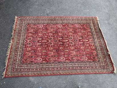 Hand-knotted wool rug with a decorative design...