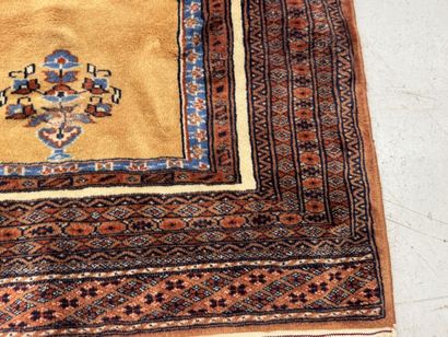 Small hand-knotted wool rug featuring a design...