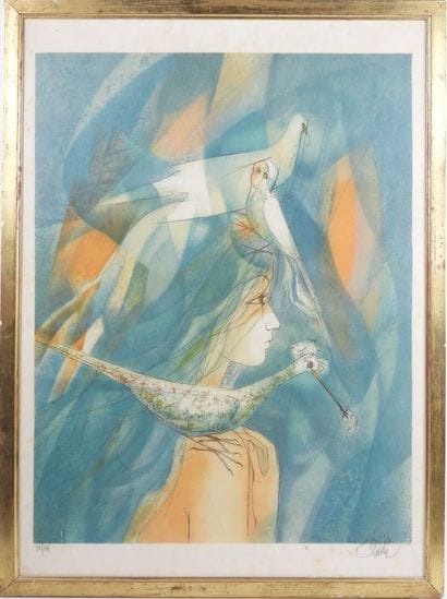 Jean-Baptiste VALADIÉ (1933).
Femme aux oiseaux.
Lithographie...