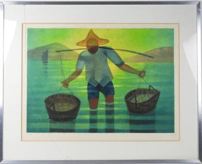 Louis TOFFOLI (1907-1999).
Homme aux paniers.
Lithographie...