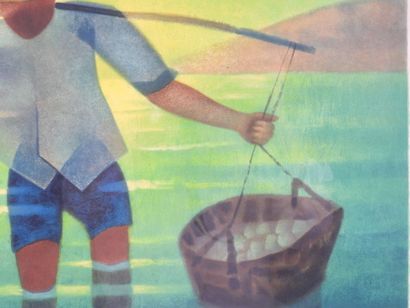 Louis TOFFOLI (1907-1999).
Homme aux paniers.
Lithographie...