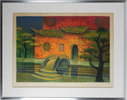 Louis TOFFOLI (1907-1999).
Maison asiatique.
Lithographie...