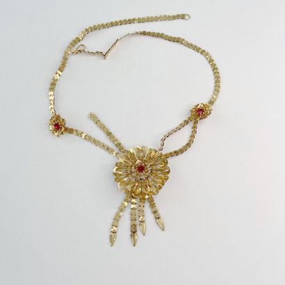 Gold necklace with red stones**, pendants,...