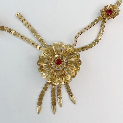 Gold necklace with red stones**, pendants,...