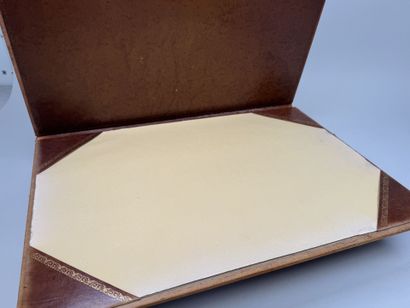 Brown leather desk set with gold embossing,...