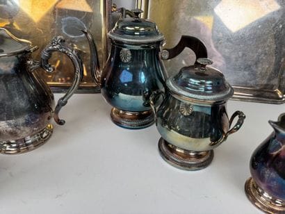Silver plated tea service set with wooden...