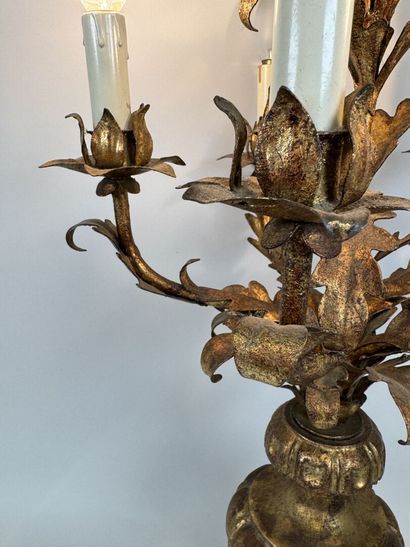 Pied de lampe en bois et métal doré à cinq...