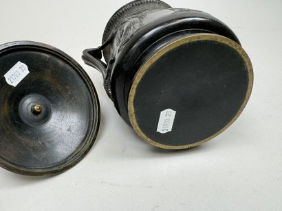 Antique-style bronze lidded pot with figurative...