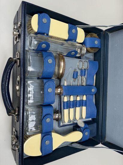 Blue leather travel toiletries case, with...