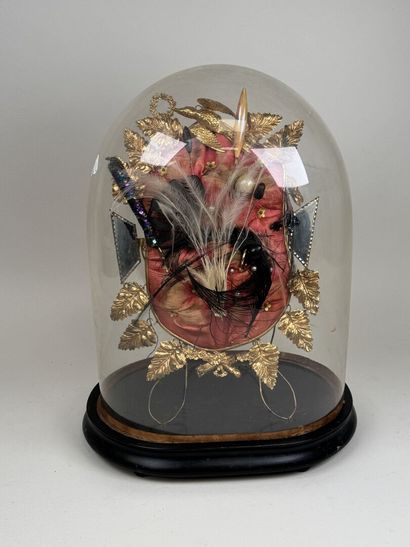 Domed glass bridal globe, blackened wood...