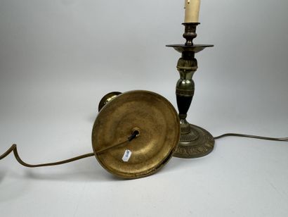 Pair of gilded bronze candlesticks with green...