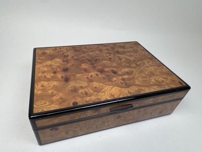 Wooden cigar humidor with a burl finish;...