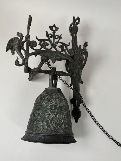Bell and stand made of patinated bronze,...