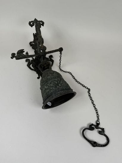 Bell and stand made of patinated bronze,...