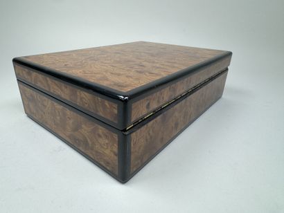 Wooden cigar humidor with a burl finish;...