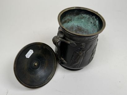 Antique-style bronze lidded pot with figurative...