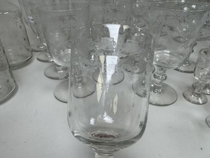 A set of glassware featuring engraved, stylized...