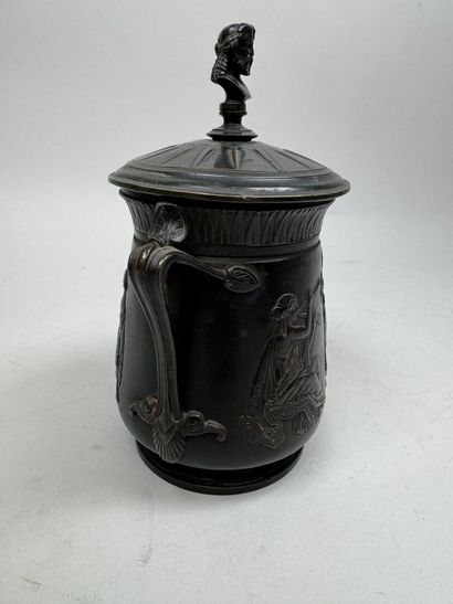 Antique-style bronze lidded pot with figurative...