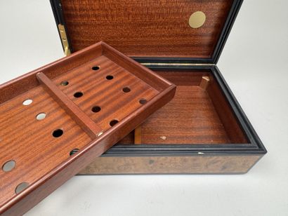 Wooden cigar humidor with a burl finish;...