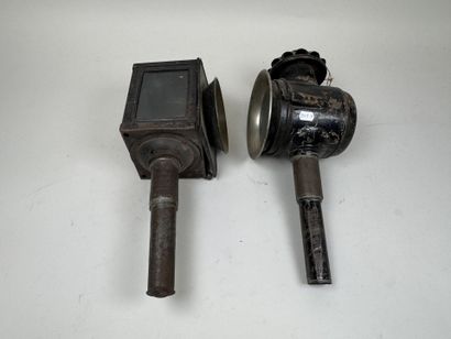 Two metal horse-drawn carriage lanterns,...