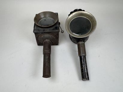 Two metal horse-drawn carriage lanterns,...