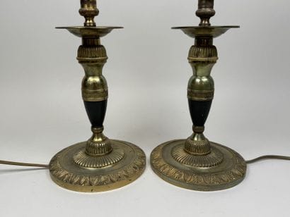 Pair of gilded bronze candlesticks with green...