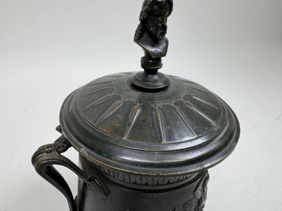 Antique-style bronze lidded pot with figurative...