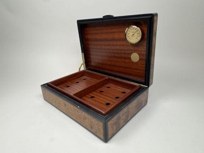 Wooden cigar humidor with a burl finish;...
