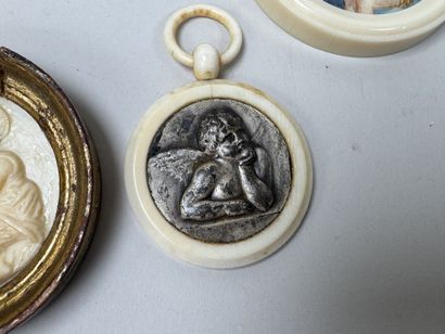 4 religious miniature pendants made of synthetic...