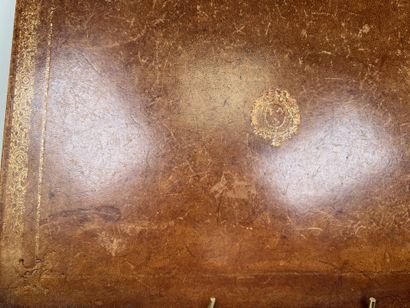 Brown leather desk set with gold embossing,...