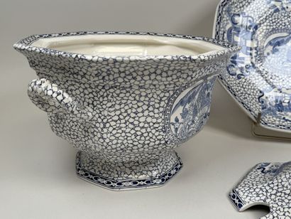 Large soup tureen on a stand, made of blue-and-white...
