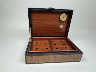 Wooden cigar humidor with a burl finish;...