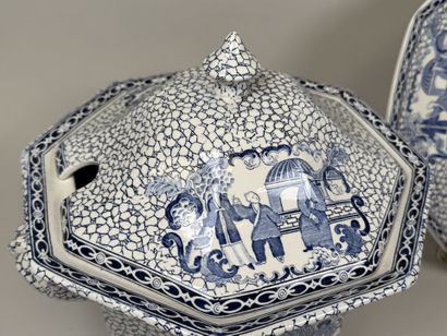 Large soup tureen on a stand, made of blue-and-white...