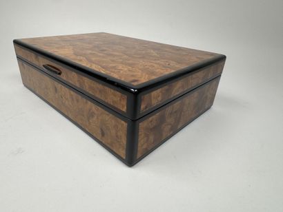 Wooden cigar humidor with a burl finish;...