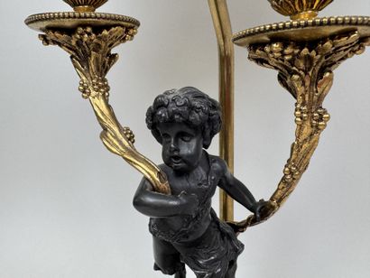 École, XXe.
Pied de lampe en bronze à deux...