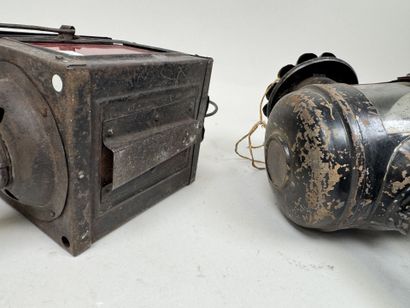 Two metal horse-drawn carriage lanterns,...