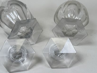 Pair of tallé crystal carafes with cut sides.
H....