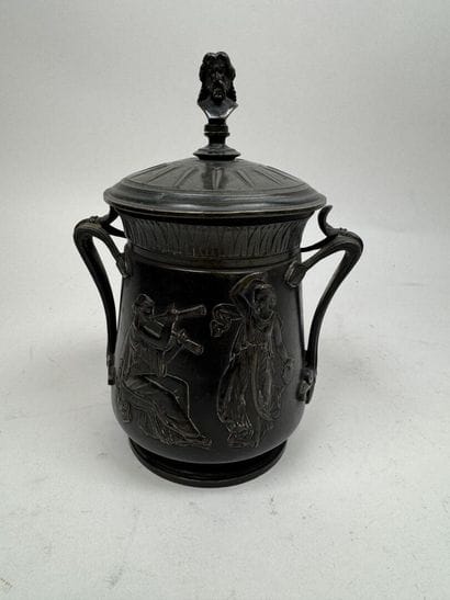 Antique-style bronze lidded pot with figurative...