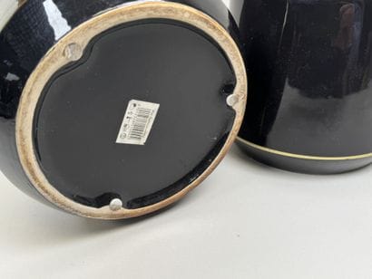 Pair of black ceramic planters with gold...
