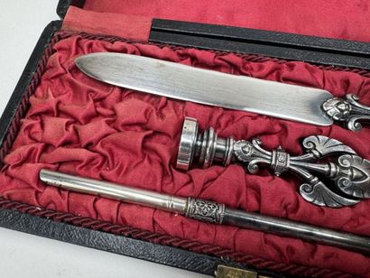 Hand-engraved metal desk set including a...
