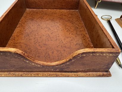 Brown leather desk set with gold embossing,...