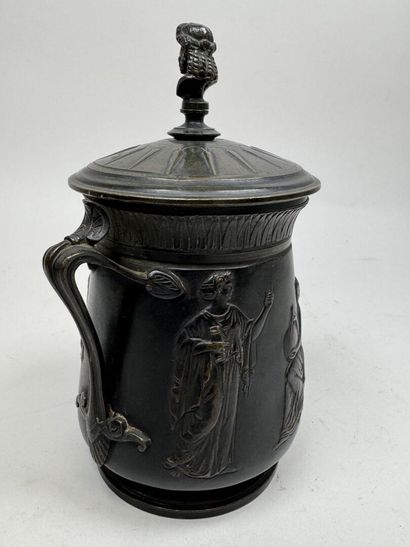 Antique-style bronze lidded pot with figurative...
