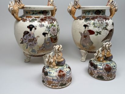 JAPAN, SATSUMA.
Pair of lidded pots in polychrome...