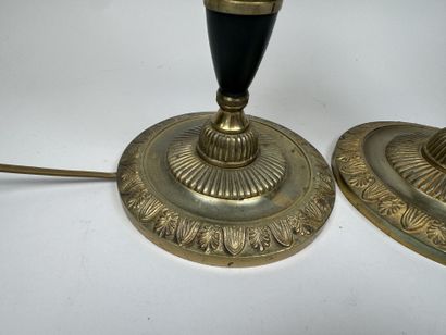 Pair of gilded bronze candlesticks with green...