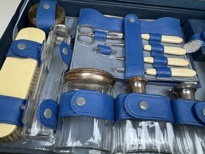 Blue leather travel toiletries case, with...
