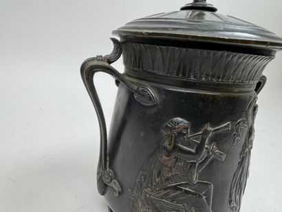Antique-style bronze lidded pot with figurative...
