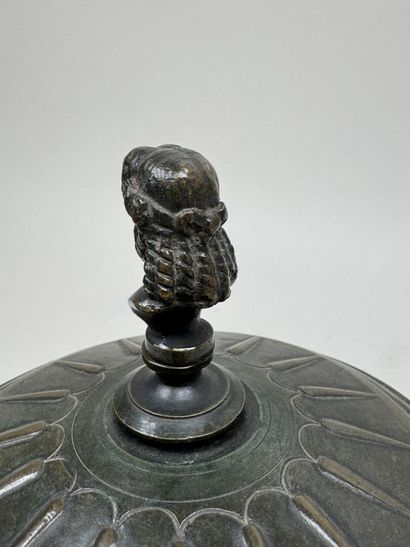 Antique-style bronze lidded pot with figurative...