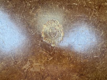Brown leather desk set with gold embossing,...