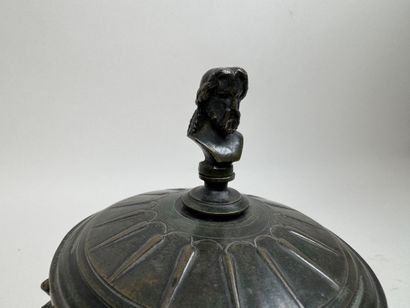 Antique-style bronze lidded pot with figurative...